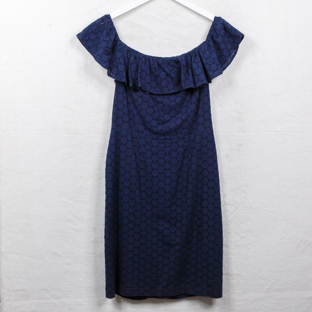 DAVID MEISTER Navy Eyelet Lace Ruffle Off The Shoulder‎ Dress Sz 8